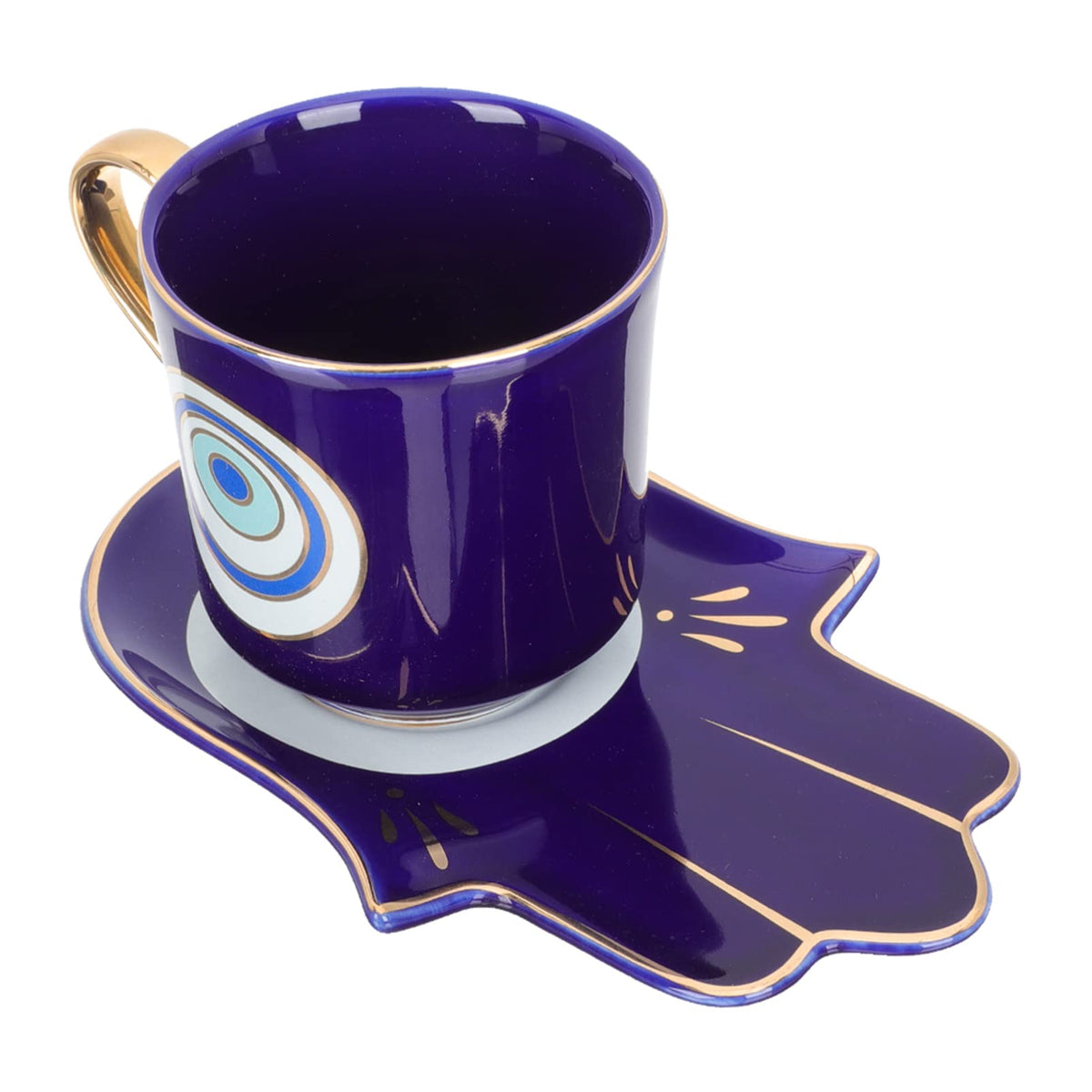 Evil Eye Coffee Cups Set: Blue Eye Mug with Ceramic Hamsa Hand Saucer Plate Dish Espresso Coffee Cups Milk Mug for Home Office Coffee House Blue