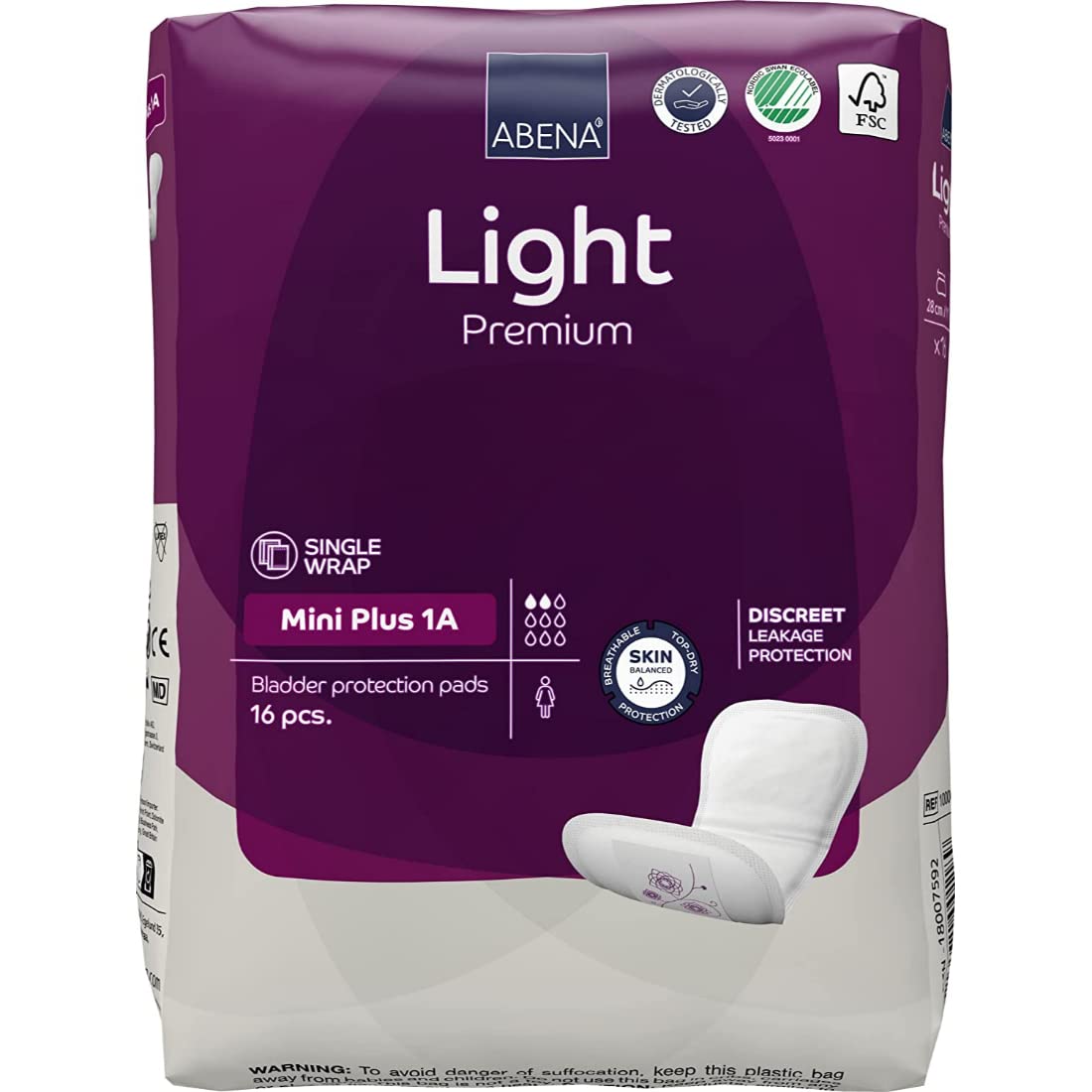 Abena Light Incontinence Pads, Eco-Labelled Women's Incontinence Pads Adults, Breathable & Comfortable with Fast Absorption & Protection, Incontinence Pads Women, Mini Plus 1A, 200ml 16PK