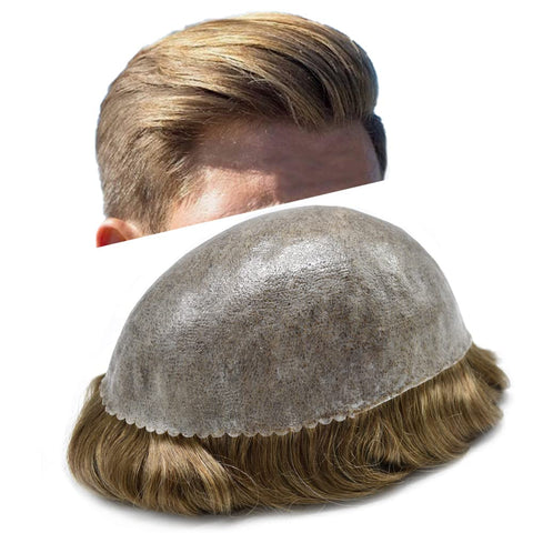 LYRICAL HAIR Toupee for Men Hairpiece Replacement System Male Prosthesis Full Poly Thin Soft Human Hair Piece Unit for Men 8X10 Injected PU Durable Skin Mens Wig #7 Very Light Brown