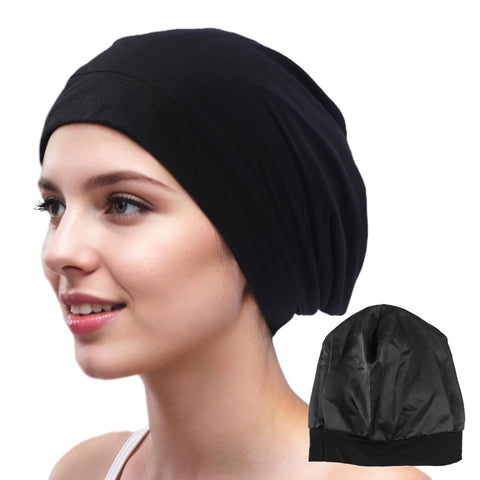 Plimbin Mulberry Silk Sleep Bonnet, Silk Hat for Sleeping Silk Bonnet for Curly Hair, Chemo Headwear Soft Elastic Breathable, Slouchy Silk Lined Beanie Hat for Women Black
