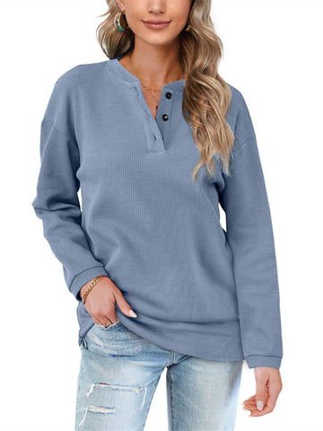 Aokosor Womens Long Sleeve Tops Ladies Loose Sweatshirts with Buttons Plain Jumpers Blue Size 22-24