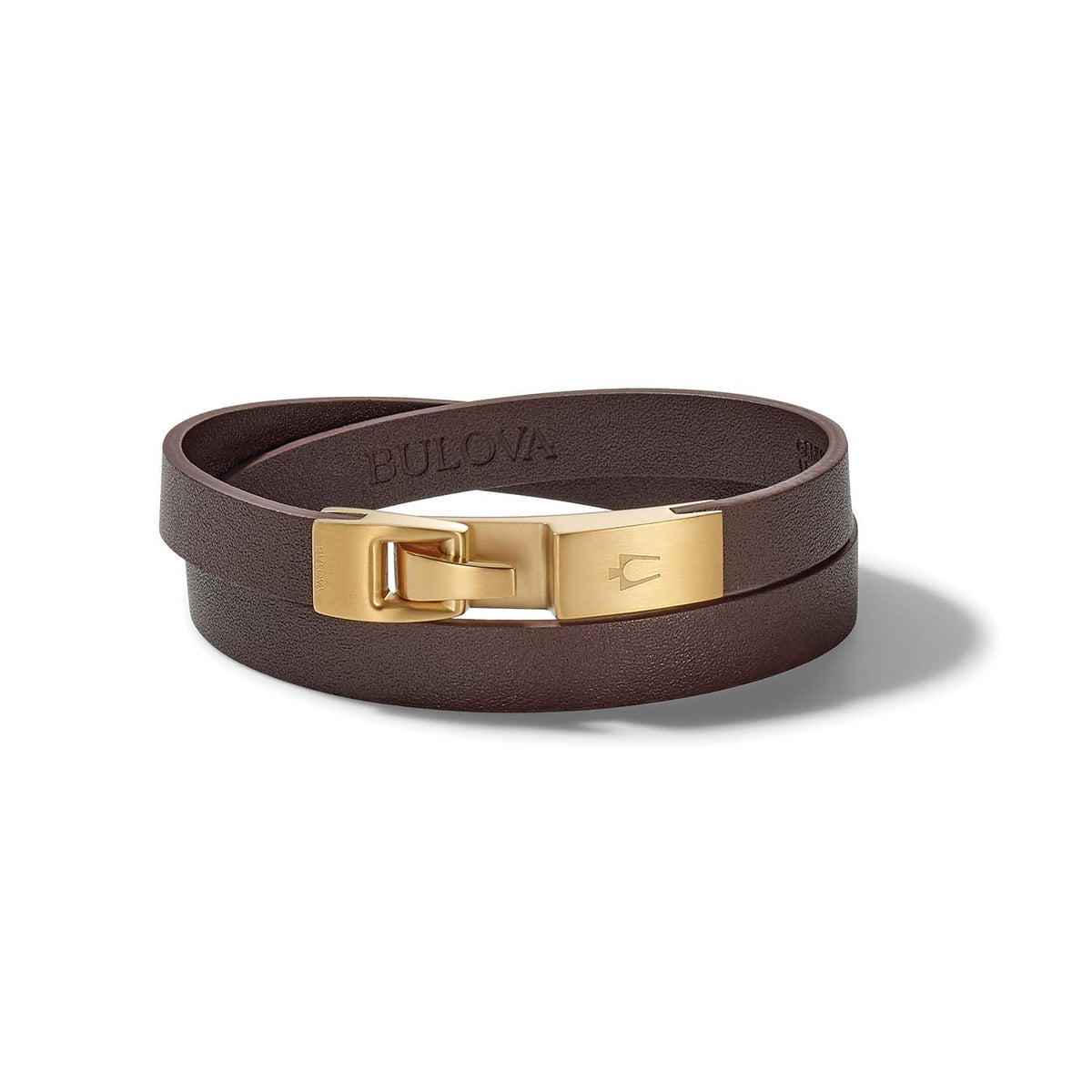 Bulova Mens Classic Bracelet with Brushed Gold Stainless Steel Hook, L, Leather Metal