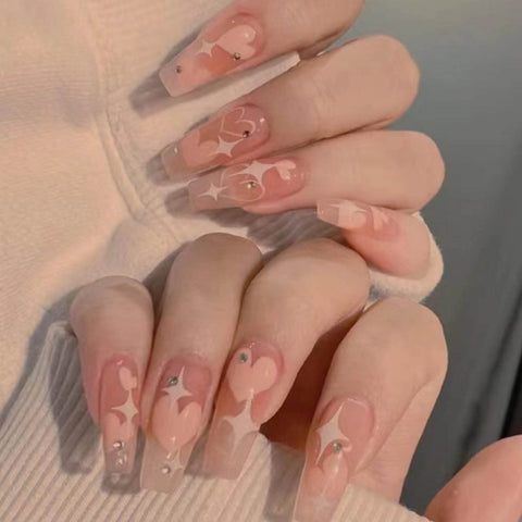 Hkanlre Coffin Press on Nails Ballerina Jelly Fake Nails Long Bling Full Cover Pink Heart False Nails for Women and Girls 24PCS