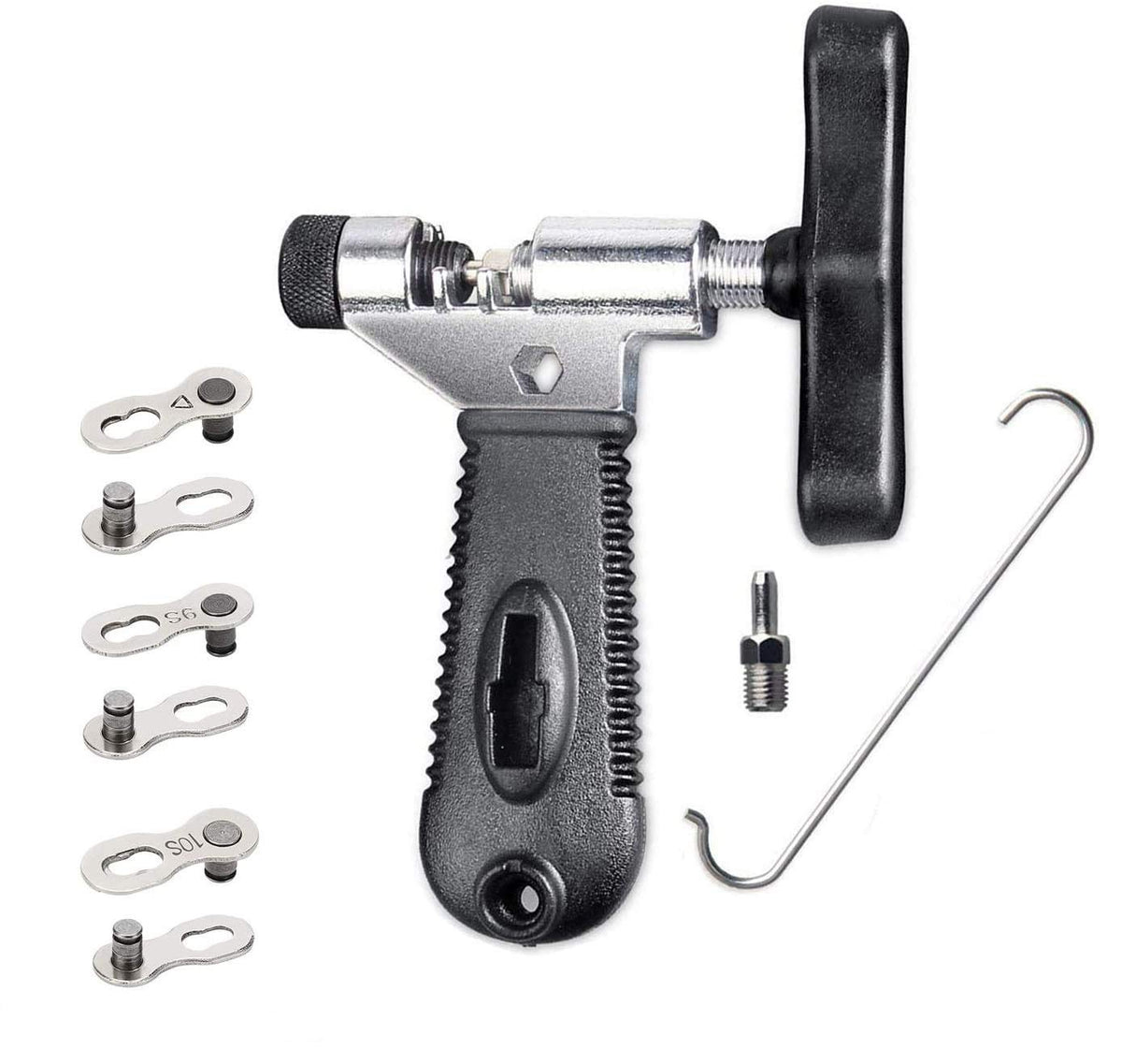 QKURT Bike Chain Splitter + 3 Pairs Bicycle Missing Link, Universal Bike Chain Cutter Breaker Tool With Chain Hook for 7 8 9 10 Speed Bicycle Chain Link Repair Removal/Install - Reusable Bicycle Tools