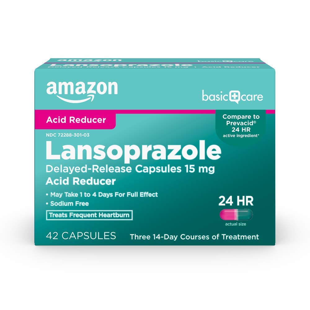 Amazon Basic Care Lansoprazole Delayed Release Capsules, 15 mg, Proton Pump Inhibitor, Treats Frequent Heartburn, 24 Hour Heartburn Medicine, 42 Count