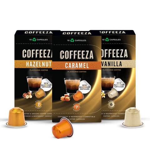 Coffeeza Flavoured Variety Pack Aluminium Coffee Capsules (30 Pods,)