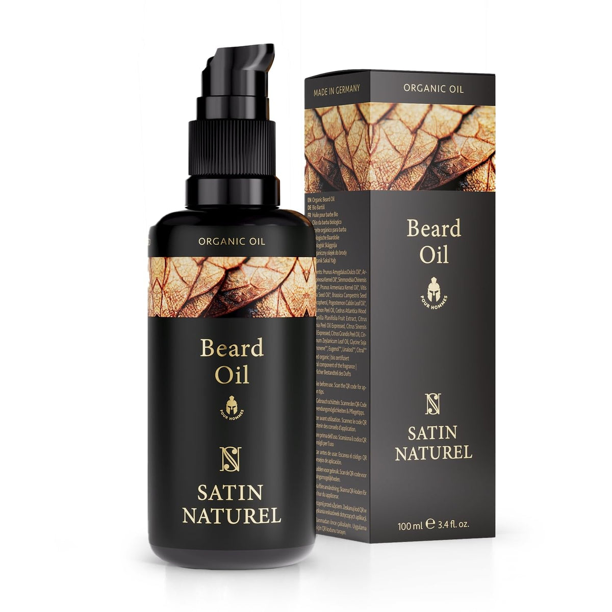 Beard Oil for Men 100ml - Organic and Vegan Care Product - Pure Argan and Almond Oil with Vitamin E for Beard Growth - Original and Useful Gift for Men Beard Care for Daily Use - Satin Naturel