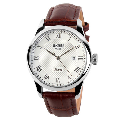 SKMEI Brand Menâ€™s Quartz Watches Waterproof Leather Strap Casual Calendar Business Wrist Watches Analog (Brown+Silver)