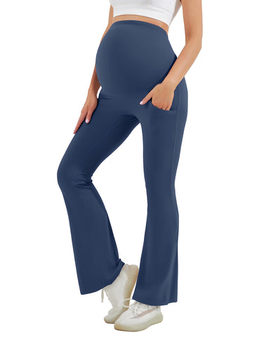 HEGALY Women's Maternity Flare Leggings Over The Belly - Casual Pregnancy Yoga Pants with Pockets Buttery Soft Navy Blue