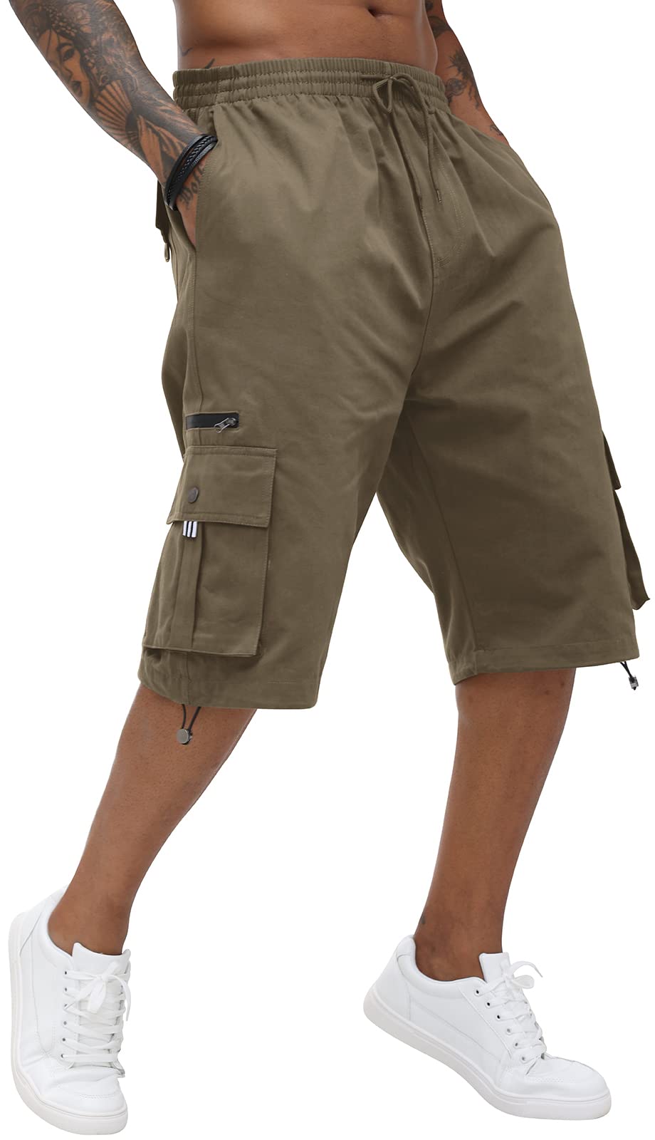 Mens Cargo Long Shorts Cotton Elastic Waist Capri Knee Length Pants Multi Pockets Casual Baggy Combat Trousers Green, L