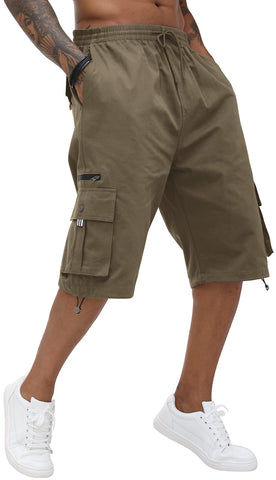 Mens Cargo Long Shorts Cotton Elastic Waist Capri Knee Length Pants Multi Pockets Casual Baggy Combat Trousers Green, L