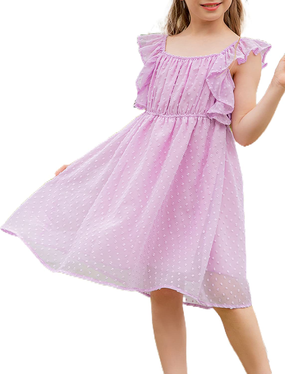 EISHOPEER Girls Purple Dress Square Neck Ruffle Sleeves with A Line Hem Swing Flowy Dress 7-8 Years Kids Light Purple, big kid