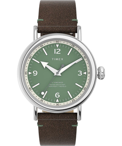 Timex Men's Standard 40mm Watch - Brown Strap Green Dial Silver-Tone Case