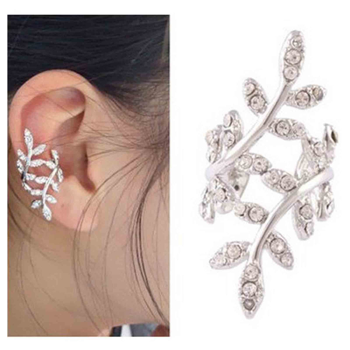 Yheakne Boho Cz Leaf Ear Cuff Earrings Silver Ear Crawler Earrings Paved Rhinestone Cartilage Cuff Earrings Non Piercing Ear Cuff Wrap Earrings Jewelry for Women and Girls Gifts