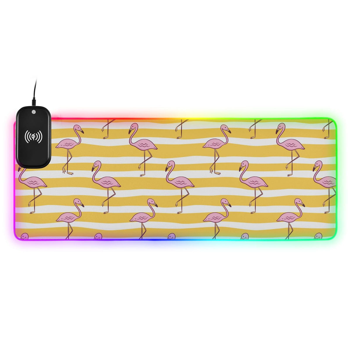 Cute Flamingo Colored Doodle Wireless Charging Mouse Pad for Mobile Phone Extra Large Gaming Mousepad with 13 Lighting Modes Extended Desk Mat for Gaming MacBook PC Laptop Desk Home Office