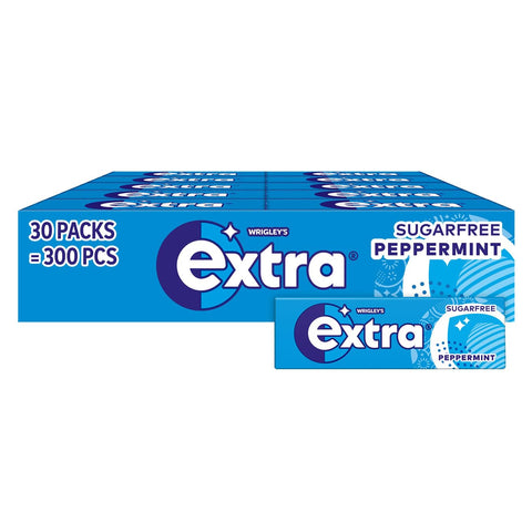 Wrigley's Extra Sugarfree Chewing Gum, Refreshing Peppermint Flavour, Freshens Breath, With Xylitol, Helps with Oral Hygiene for Healthy Teeth and Gums 30 Packs of 10 pieces