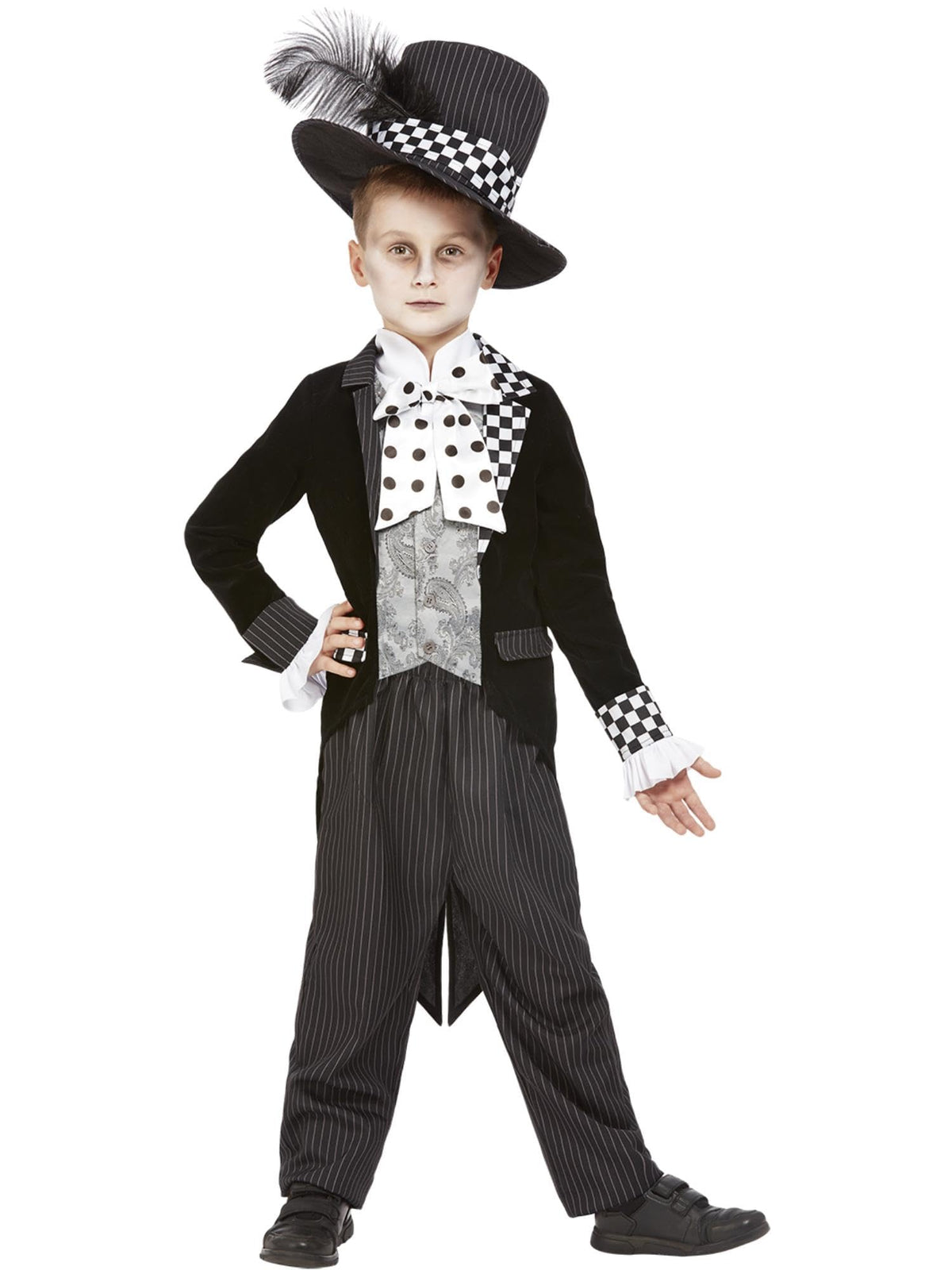 Smiffys Dark Mad Hatter Costume, Black & White Jacket, Mock Shirt & Hat, Boys Fancy Dress, Storybook Character Dress Up Costumes