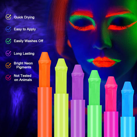 AOOWU Glow UV Neon Glow Face Paint Crayons Kit, 6 Colors Safe Non-Toxic UV Glow Neon Face and Body Crayons for Adults Kids Halloween Makeup Party Cosplay - Fluorescent Brightest Glow under UV!