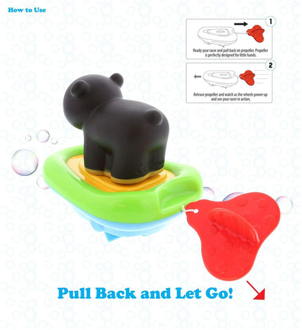 Dollibu Boat Racer Buddy, Fun Educational Bath Toy Finger Puppet Pull and Go Water Racing Woodland Pal for Shower Pool Bathtub Swim Hard Surfaces for Baby Toddler and Boy - 6 Inch - 3 in 1 Game - Bear