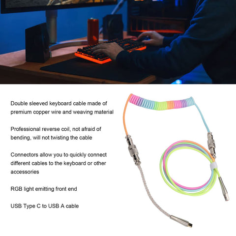 Dpofirs RGB Coiled Keyboard Cable, USB C Cable for Gaming Keyboard, Custom Keyboard Cable Type C Detachable Mechanical Gaming Keyboard Cable for Mechanical Gaming Keyboards, Gifts for