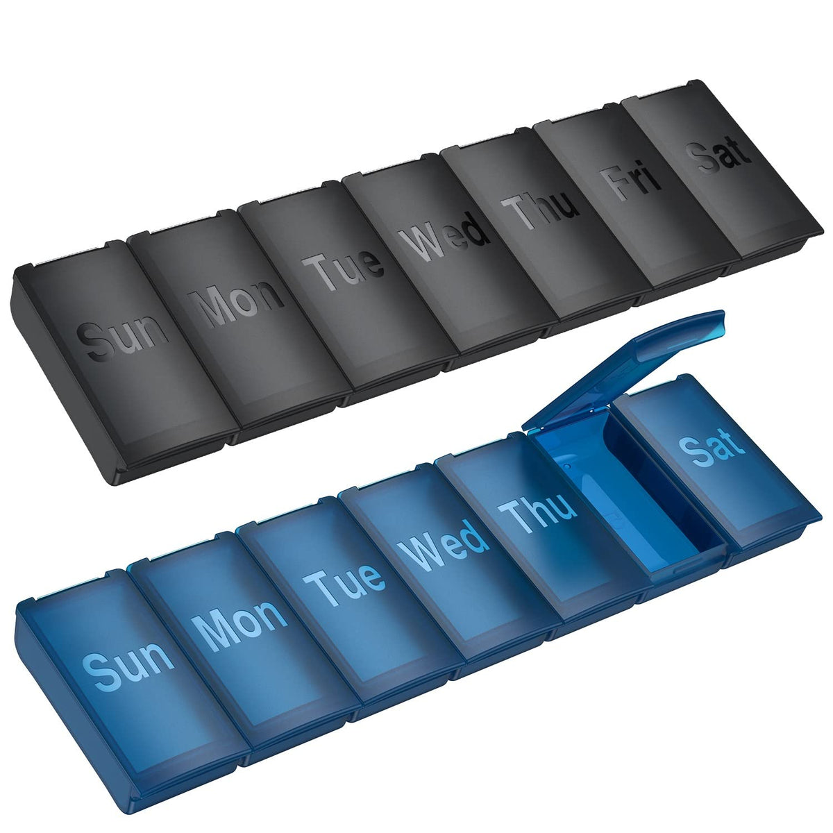 Weekly Pill Organizer, Large Daily Vitamin Pill Box,Portable Travel Friendly 7 Day Pill Containers Medicine Holder,Handbag Outdoor Camping Small Pill Case for Supplements Fish Oil(Black+Blue)