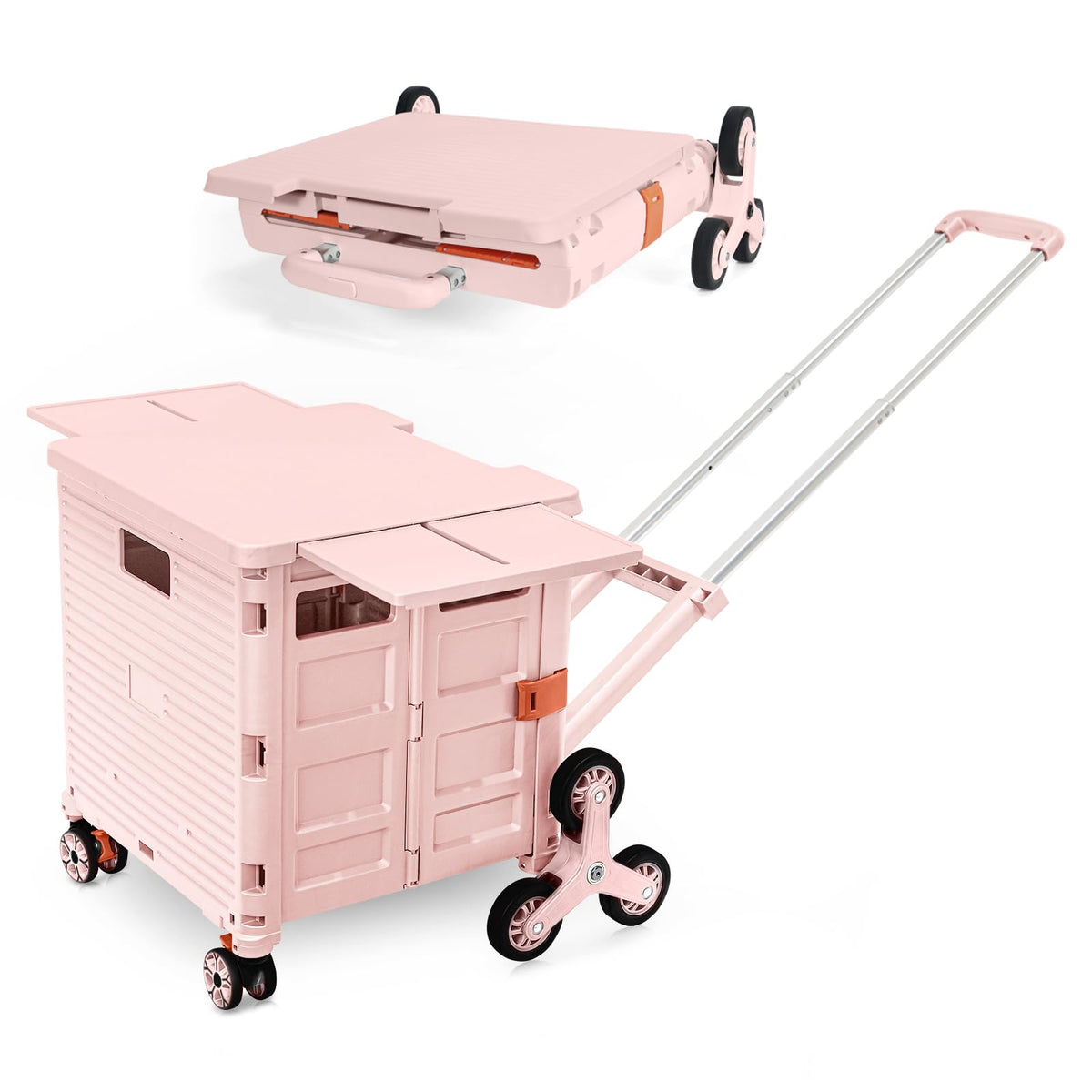 Foldable Utility Cart Portable Crate Rolling Dolly with Telescopic Handle,Can be Pulled diagonally, Magnetic Retractable Lid, 360Â°Swivel Climbing Wheels for Shopping Carrying Groceries Move Pink
