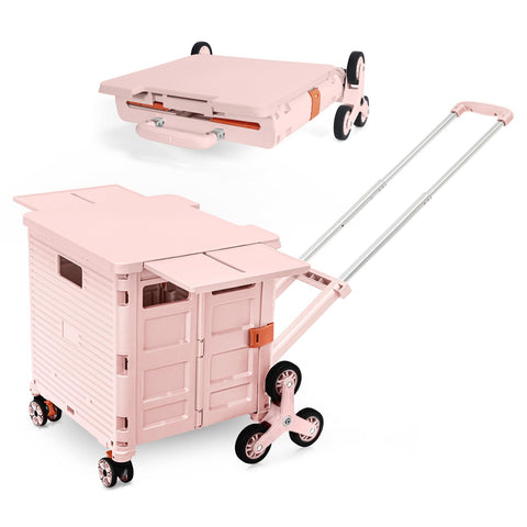 Foldable Utility Cart Portable Crate Rolling Dolly with Telescopic Handle,Can be Pulled diagonally, Magnetic Retractable Lid, 360Â°Swivel Climbing Wheels for Shopping Carrying Groceries Move Pink