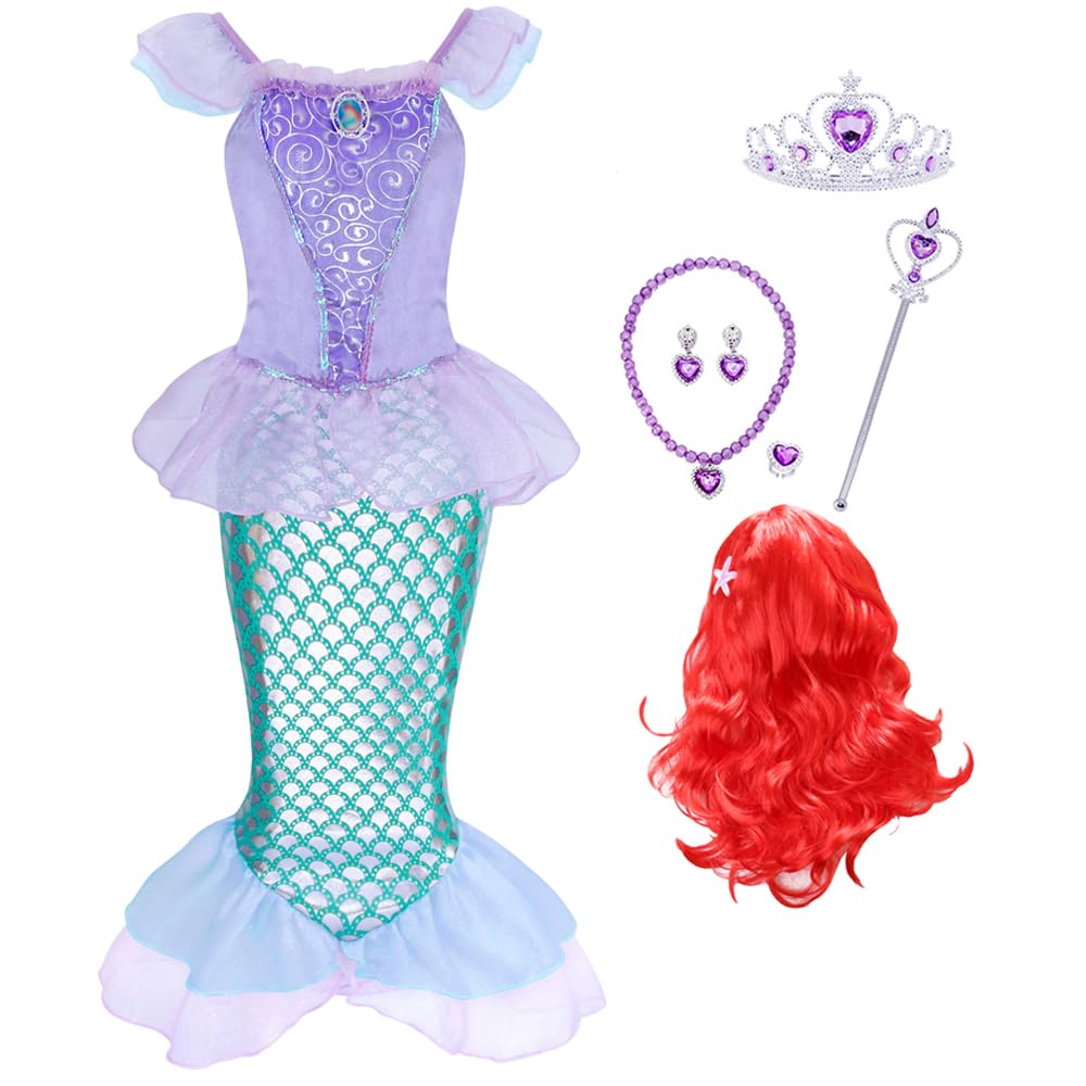 KumSoomliy Ariel Mermaid Costume Dress Kids Girls Pincess Dress Children Fancy Party Dressing up Dresses Fairy Tales Outfits Birthday Mermaid Outfit Clothes with Mermaid Red Wig Purple 6-7 Years 130