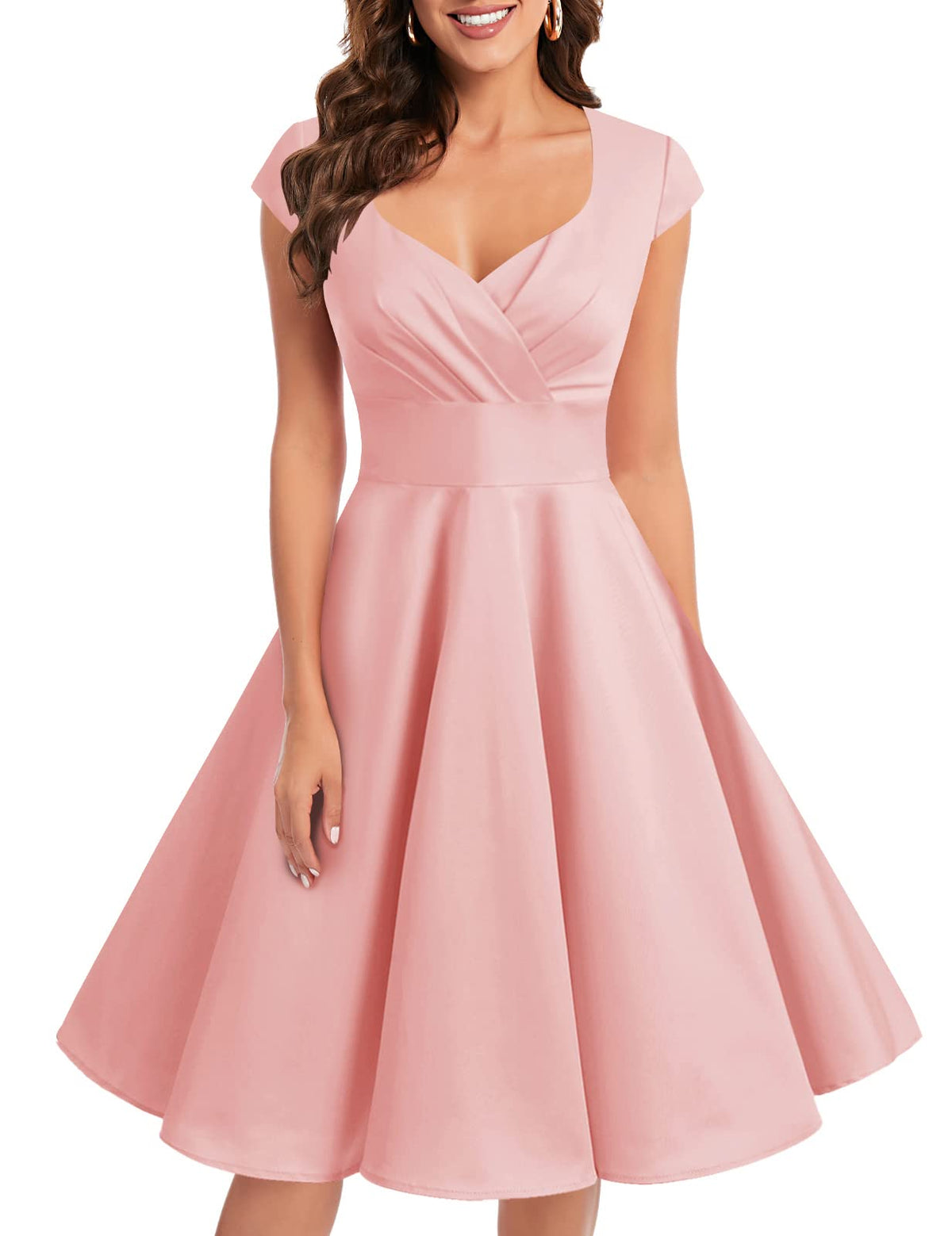 Bbonlinedress Women's 50s 60s A Line Rockabilly Dress Cap Sleeve Vintage Swing Party Dress Blush M