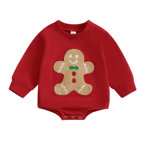 Xeadoffubio Baby Girl Boy Christmas Outfit Santa/Gingerbread Man Romper Cartoon Embroidery Long Sleeve Oversized Sweatshirt Christmas Tree Jumpsuit Xmas Romper (Red, 3-6 Months)