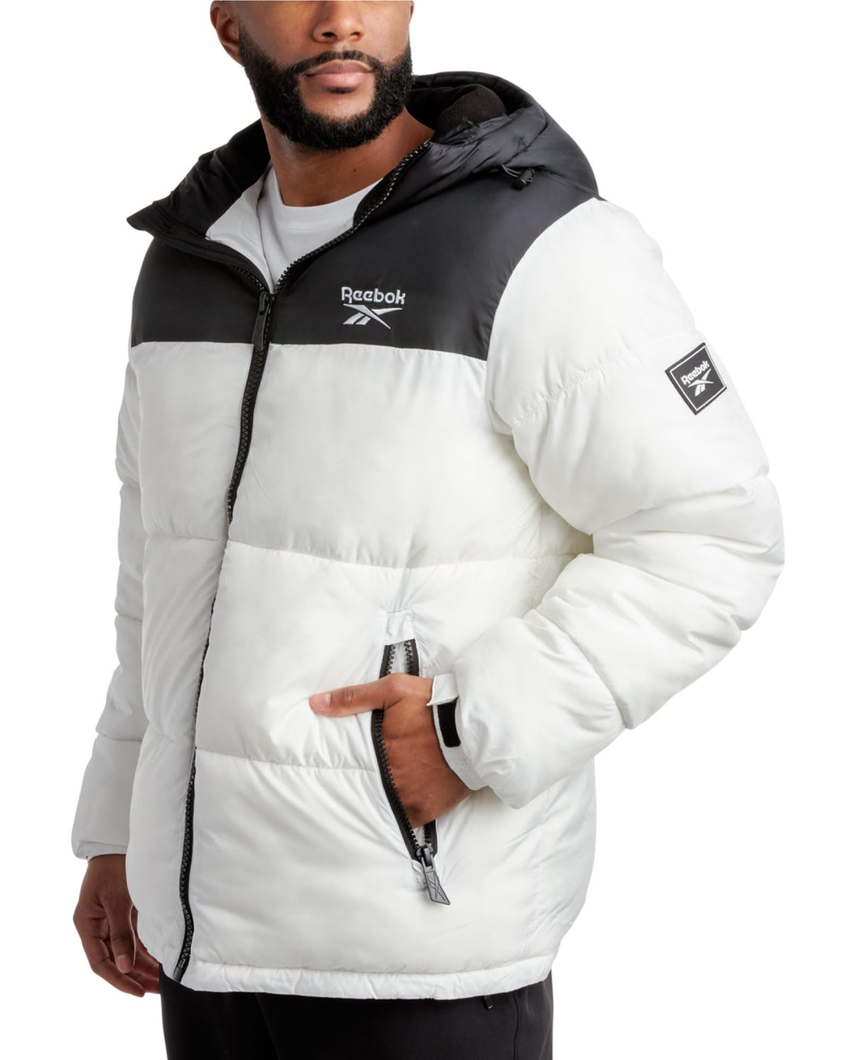 Reebok Men's Puffer Jacket - Heavyweight Quilted Puffer Coat with Wide Hood - Weather Resistant Ski Jacket for Men (M-XXL), Size Large, Black/White