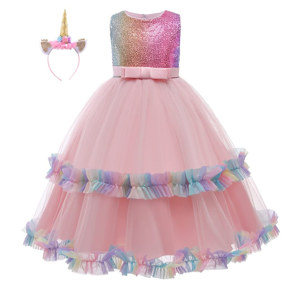 HIHCBF Girls Sequins Unicorn Costume Pageant Princess Party Dress Wedding Birthday Halloween Long Maxi Gown w/Headband Pink 4-5T