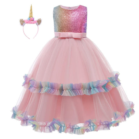 HIHCBF Girls Sequins Unicorn Costume Pageant Princess Party Dress Wedding Birthday Halloween Long Maxi Gown w/Headband Pink 4-5T