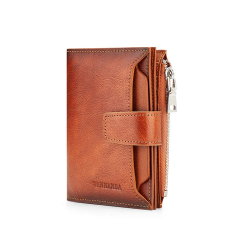 VANNANBA Mens Leather Wallets Small Bifold RFID Blocking Card Holder with Zipper Coin Pouch & Removable ID Pocket, Brown, Casual