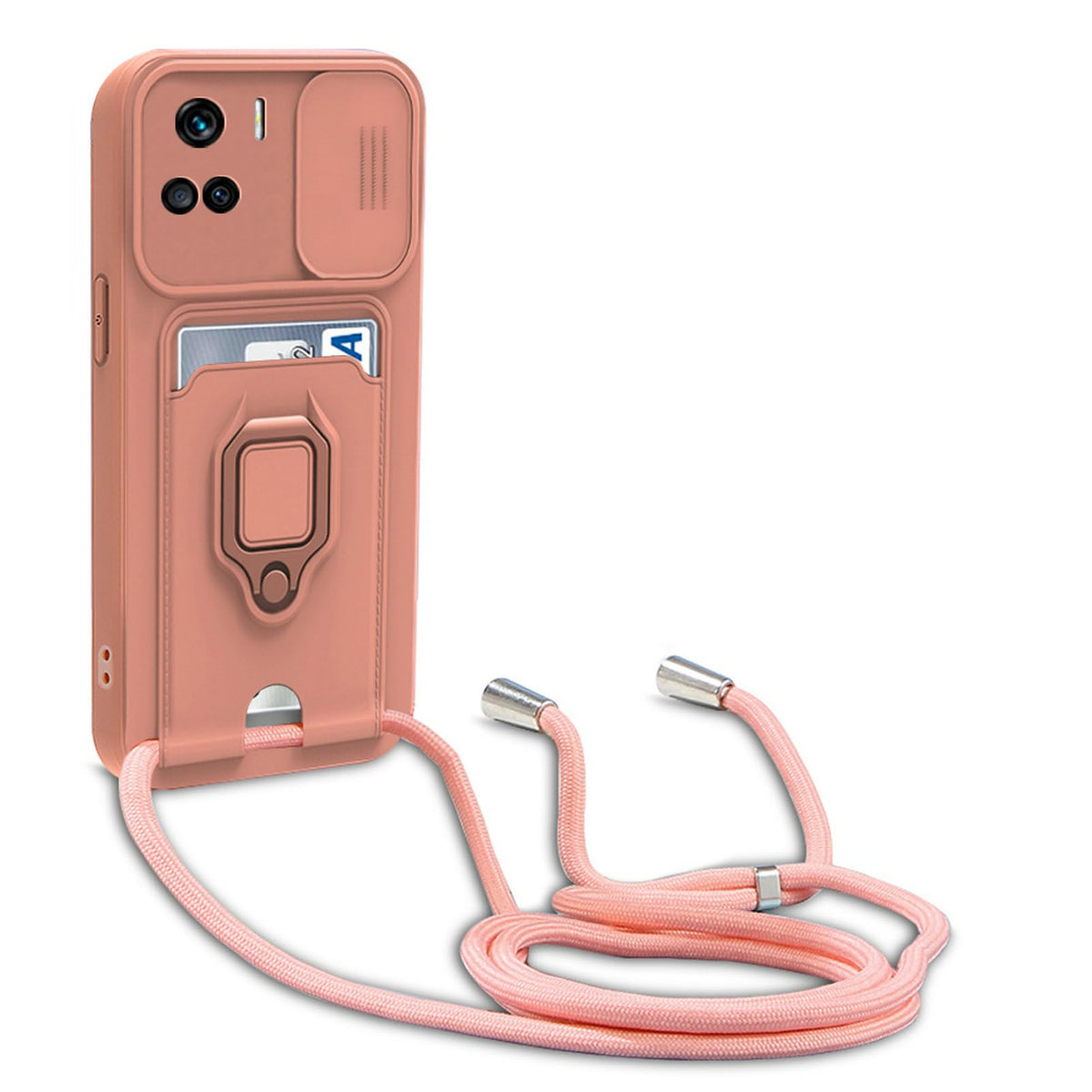 yanasuo Camera Protection Lanyard Phone Case for Honor 90 Lite 5G (6.7"), Card Holder, Slide Camera Cover, Silicone Cord Strap rope Shell TPU Shockproof Bumper Cover-Pink
