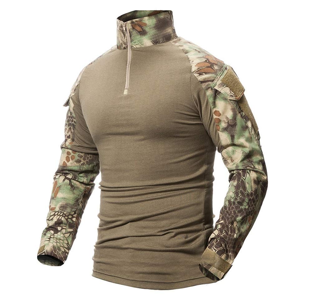 Mens Long Sleeve Tactical Shirt - Military Shirt Outdoor Combat Shirt Tactical Combat Shirt with Zipper (Jungle Python, UK L(fit Chest:38"-41"))