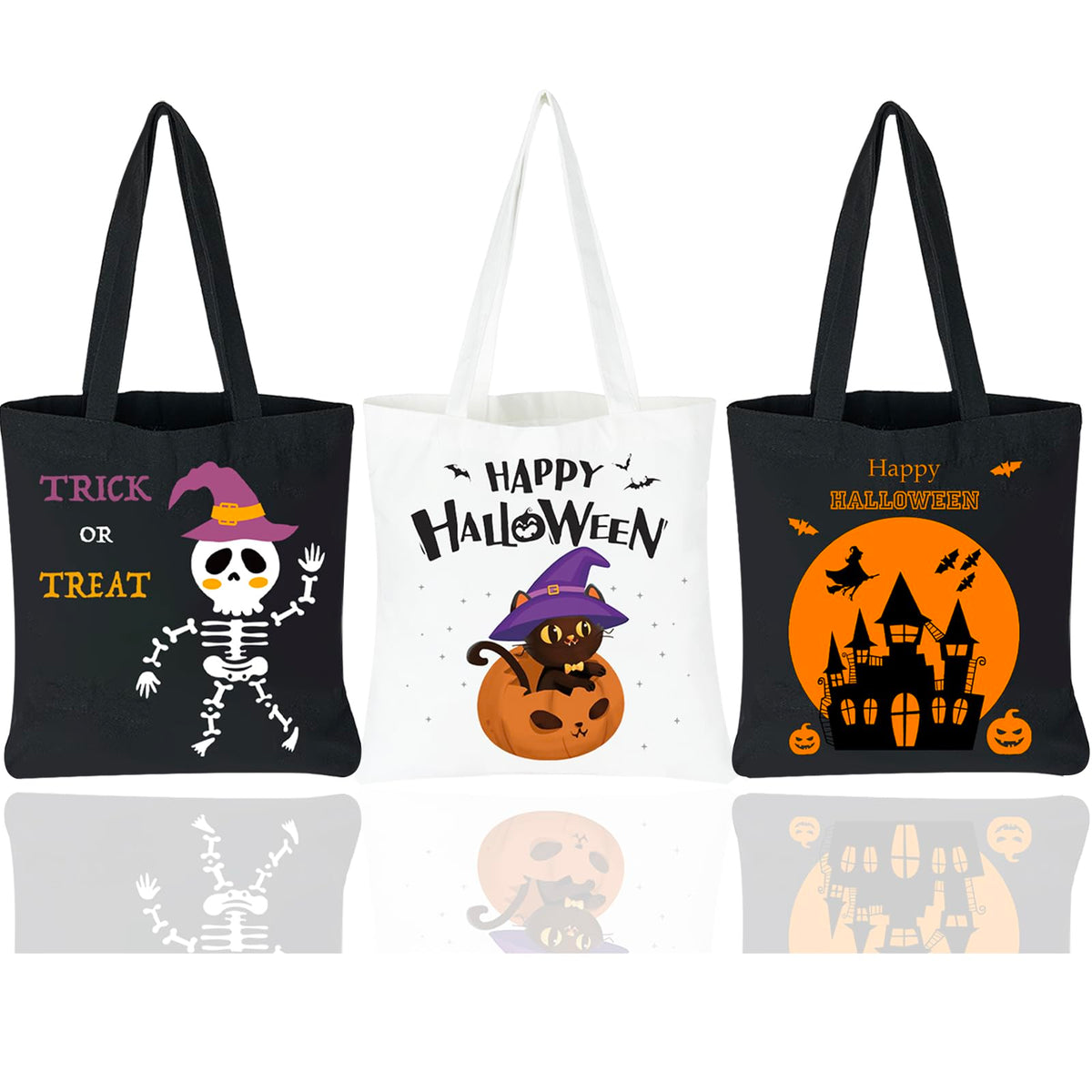 HEYTUYA 3 Pack Large Halloween Bags, Canvas Trick or Treat Bags, Gift Bags Halloween for Kids, Halloween Bags with Handles, Trick Bags Halloween Kids Party Favor Supplies, Canvas Halloween Tote Bags,