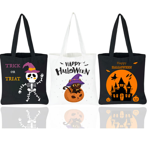 HEYTUYA 3 Pack Large Halloween Bags, Canvas Trick or Treat Bags, Gift Bags Halloween for Kids, Halloween Bags with Handles, Trick Bags Halloween Kids Party Favor Supplies, Canvas Halloween Tote Bags,
