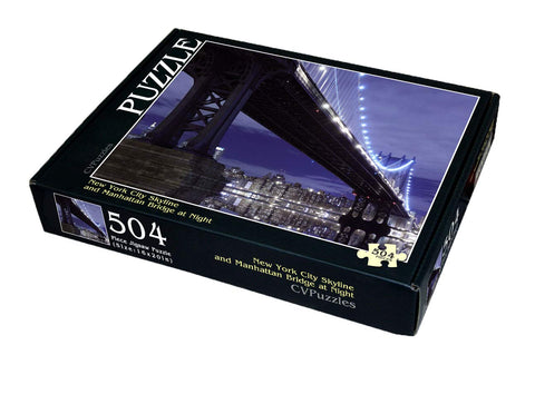 New York City Skyline and Manhattan Bridge at Night 504 Piece Jigsaw Puzzle 16" X 20"
