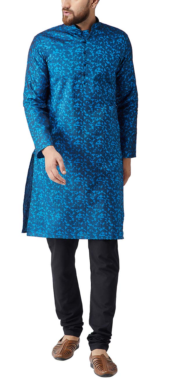 Sojanya (Since 1958, Men's Blue Jackquard Silk Only Long Kurta, Size: 38