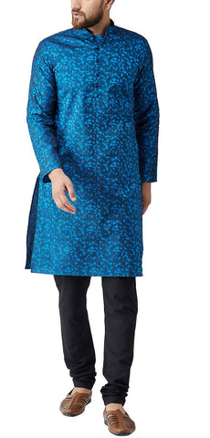 Sojanya (Since 1958, Men's Blue Jackquard Silk Only Long Kurta, Size: 38