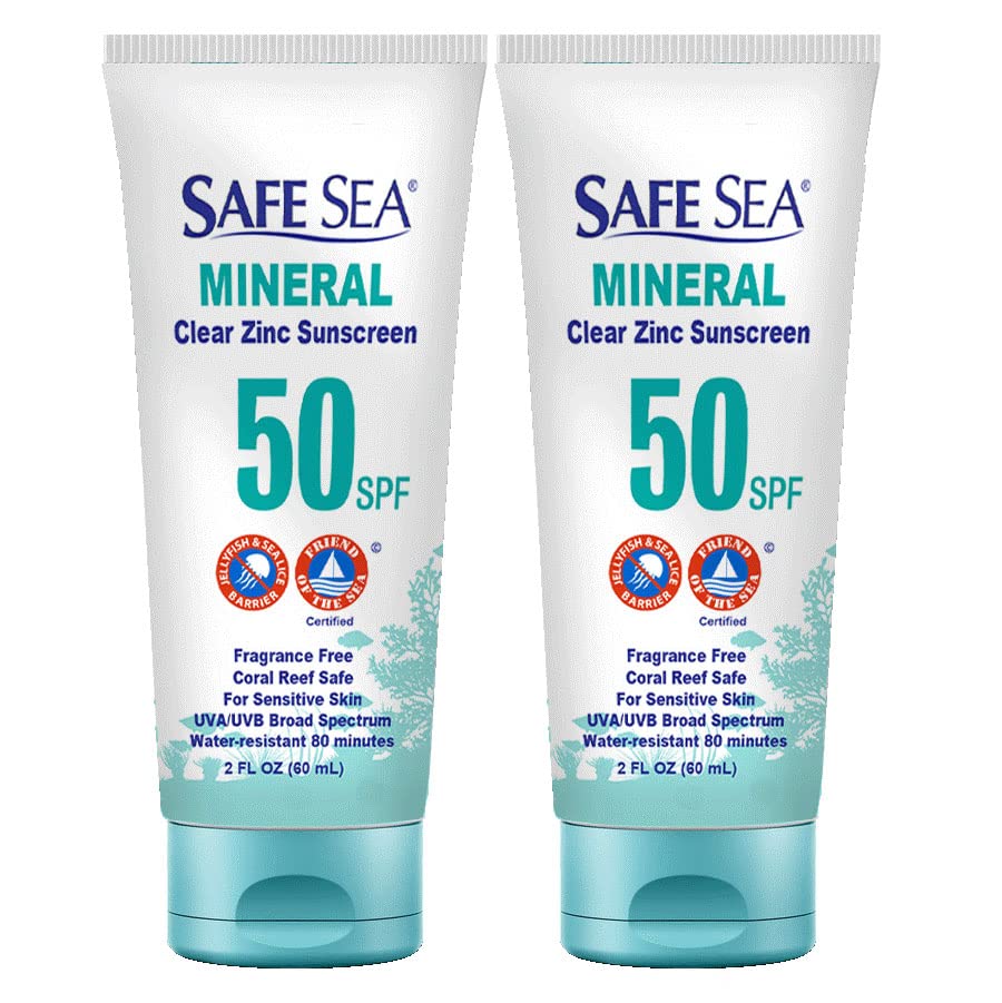 Safe Sea Zinc Oxide Sunscreen SPF50 | Clear Mineral Face Sunscreen Without White Cast | Anti-Jellyfish Sting Protective Lotion | Coral Reef Safe | Travel Size - 60ml (2 tubes)