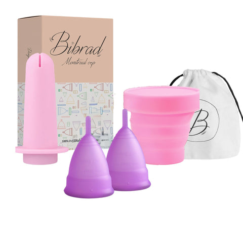 Bibrad Menstrual Cup - 2 Menstrual Cups Size L, Applicator, Sterilizer Cup and Cotton Carry Bag - 100% Soft Medical Grade Silicone Washable and Reusable (L-L+APPLICATOR)