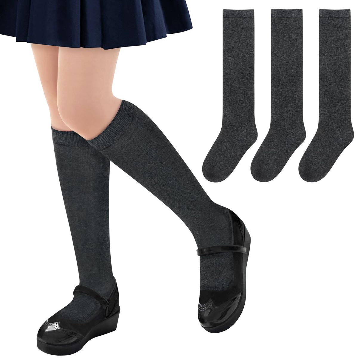 Girls Knee High Socks Girls Socks 10-12 years old Seamless Socks for Girls 8-10 Years Kids Socks Girls School Socks Grey