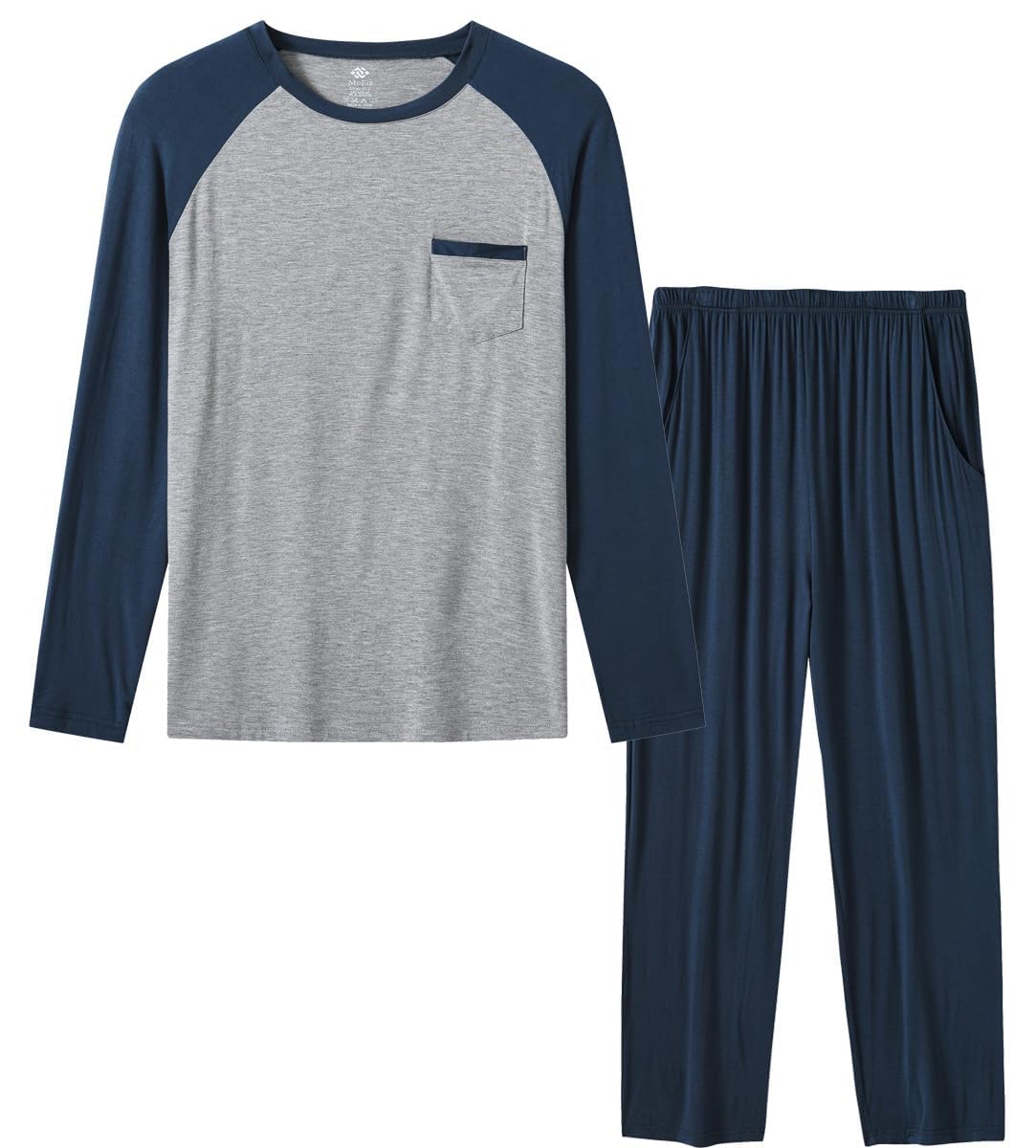MoFiz Mens Pajama Sets Comfy Long Sleeve Sleepwear Top Solid Pyjama Pants with Pocket 2 Piece Loungewear PJs Sets Blue X-L arge