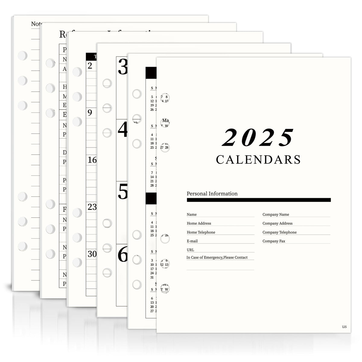 2025 A5 Weekly & Monthly Planner Binder Refill Insert - 5.8"x8.3", 100GSM Paper, Sunday Start, 6 Hole Punched for Refillable A5 Binder with Calendar, Contact Pages and Notes