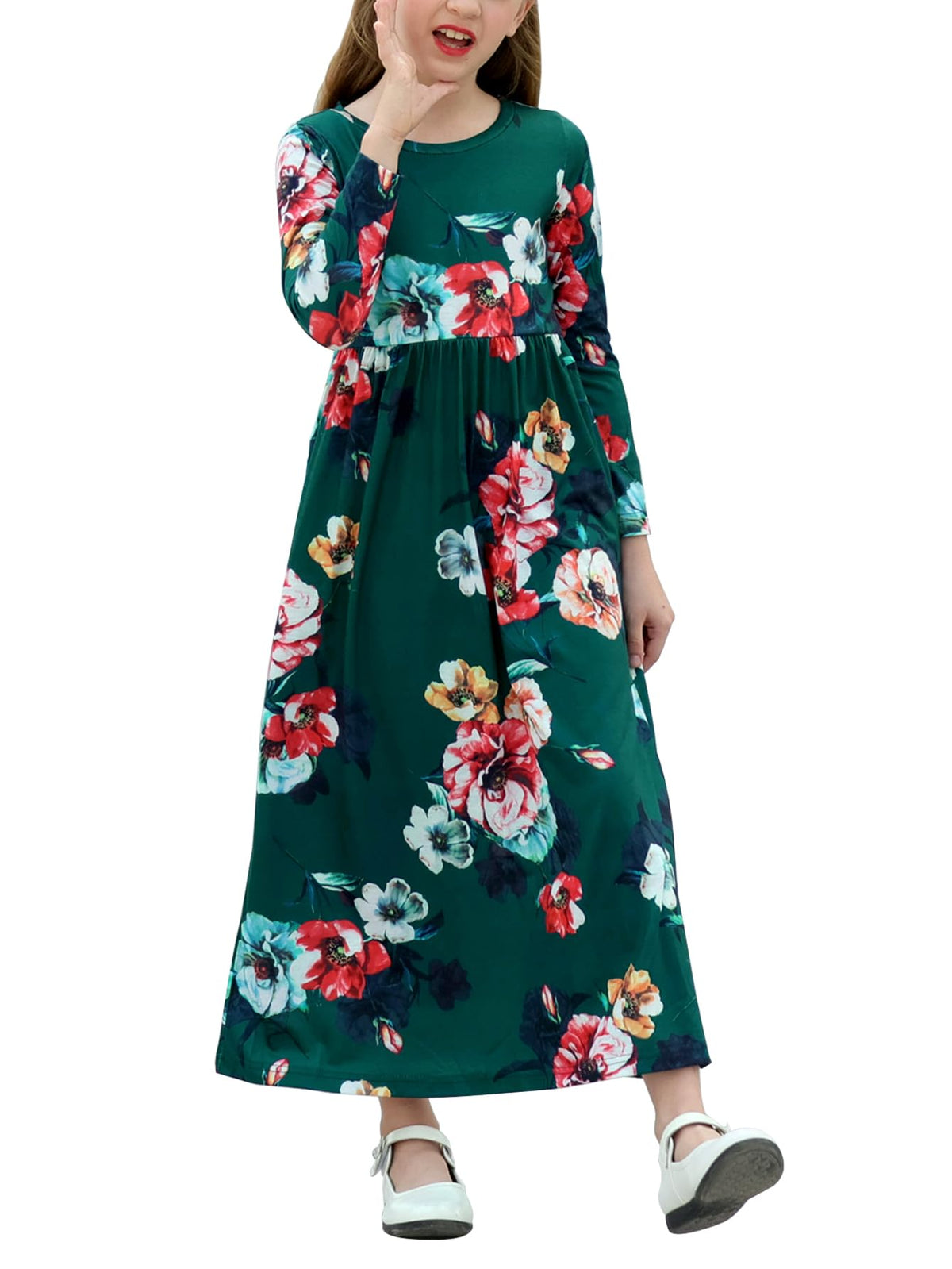 GORLYA Girl's Long Sleeve Floral Print Loose Casual Holiday Long Maxi Dress with Pockets 4-12 Years (11-12Years/Height:150cm, Green Print)