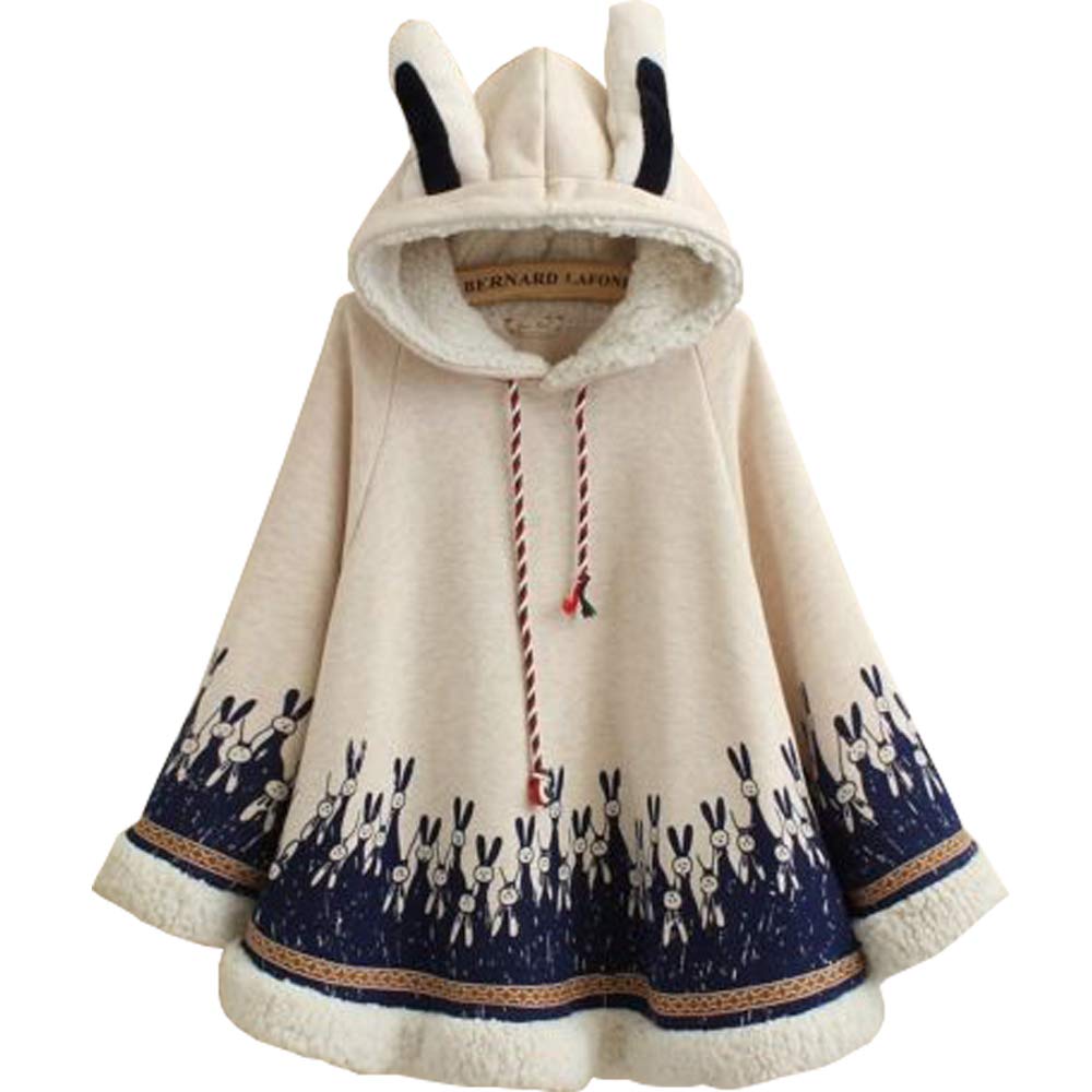 YM YOUMU Lady Girls Cloak Cape Coat Winter Fleece Ear Hooded Baggy Poncho Japanese Kawaii