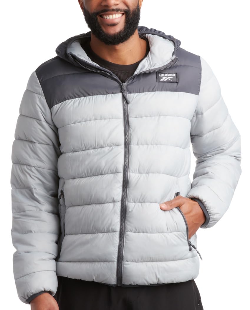 Reebok Men's Jacket - Lightweight Hooded Quilted Puffer Coat - Warm Insulated Winter Jacket for Men (S-4X), Pure Grey/Charcoal, X-Large