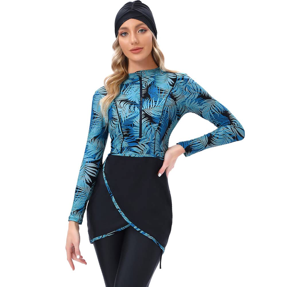 OBEEII Womens Muslim Swimsuits Full Coverage Long Sleeve Swimwear Burkini Hijab Bathing Suit Blue S